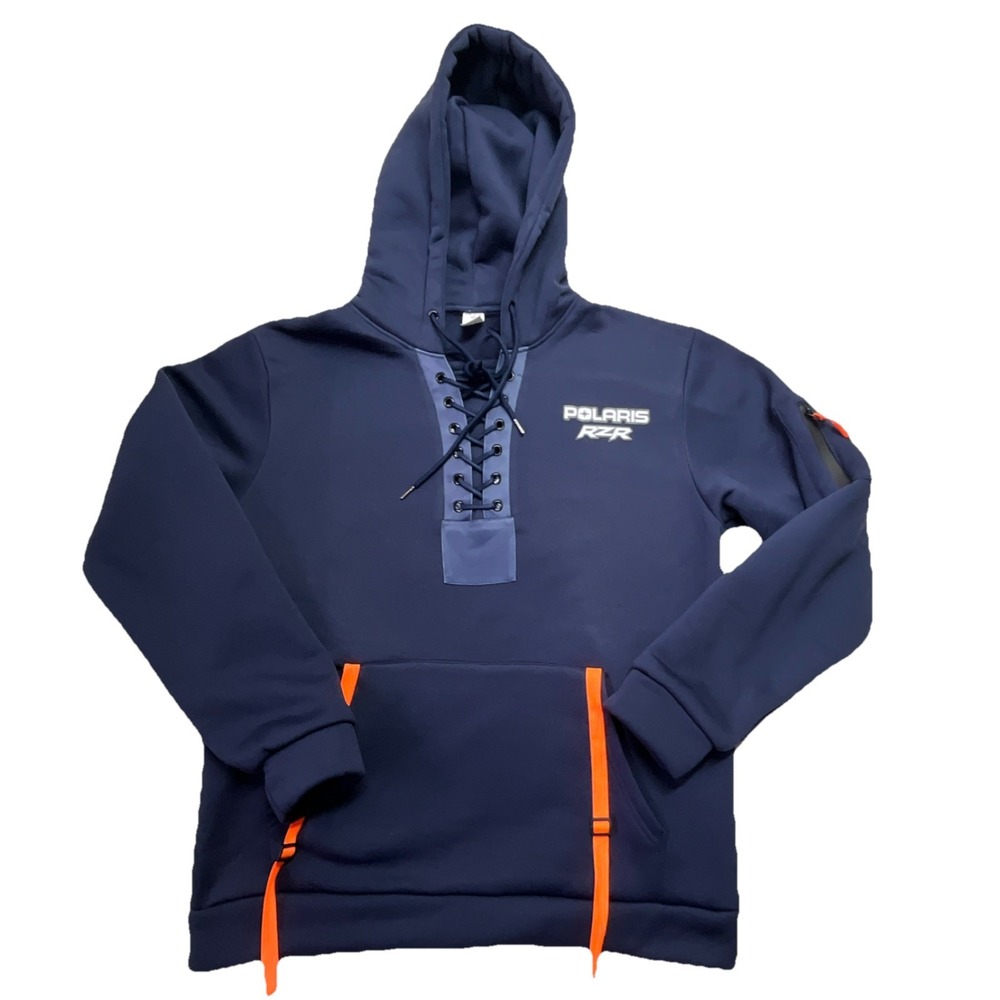Polaris Men's Navy Blue Pullover Hoodie Long Sleeve Pockets Orange Accents XL